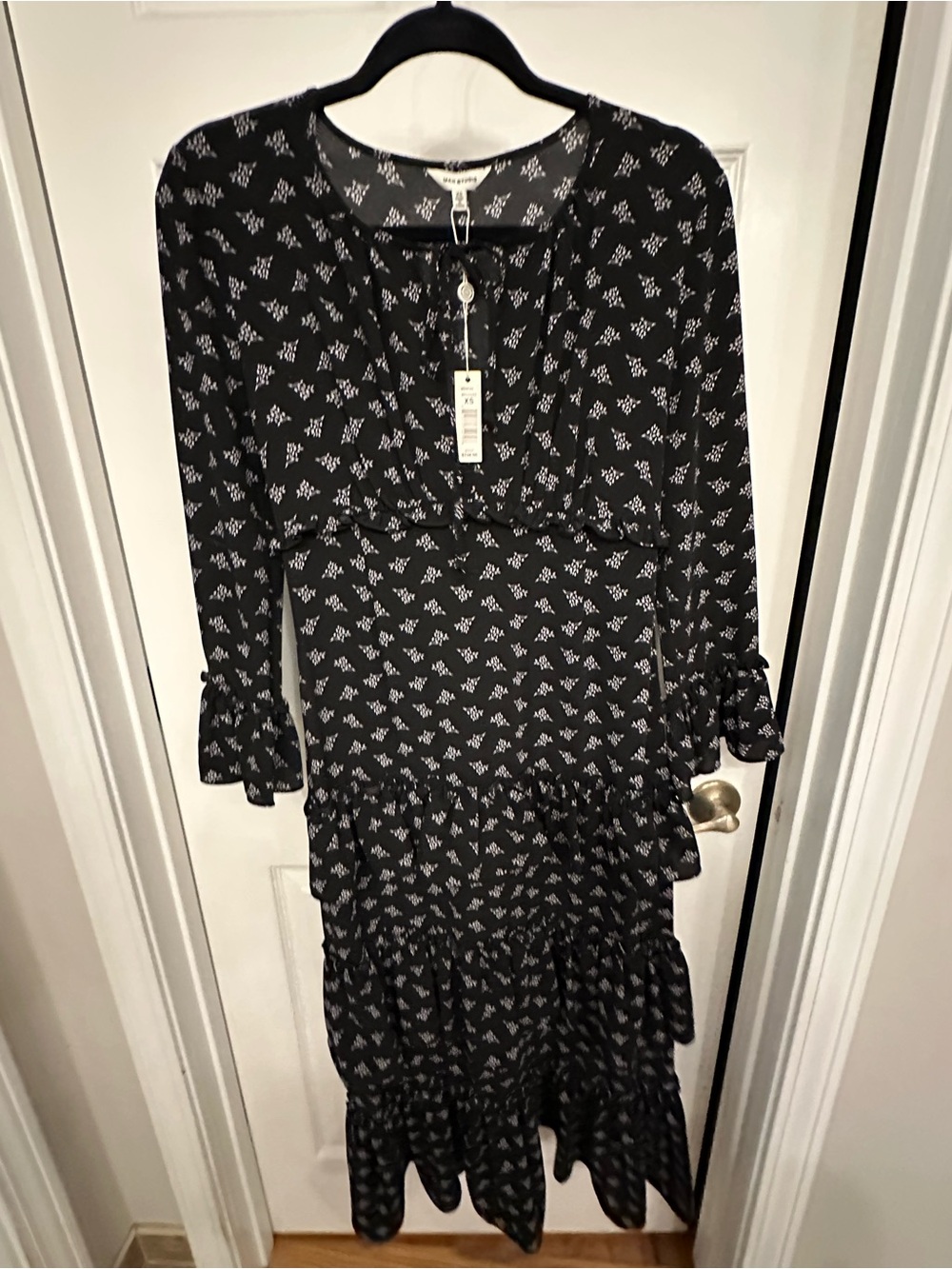 Max Studio Black Floral Tie-Neck Long Sleeve Maxi Dress NWT